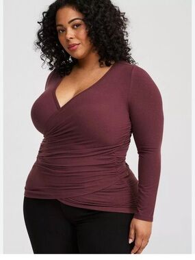 torrid Ribbed Wrap-Style Long Sleeve Top - Burgundy
